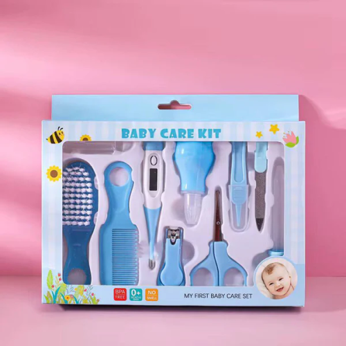 Baby care grooming kit in blue with brush, comb, thermometer and nail tools, boxed — Electromart Uganda