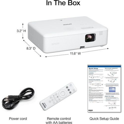 Epson CO-W01 WXGA Projector — White Epson CO-W01 WXGA projector in white with remote, cable and setup guide — Electromart Uganda