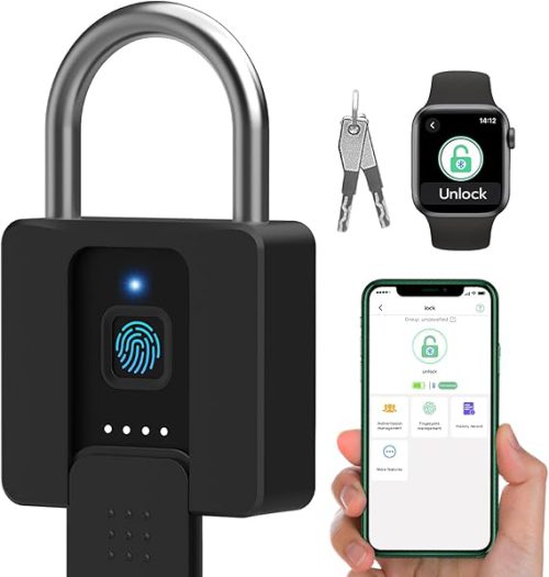 Black waterproof fingerprint padlock with app and smartwatch unlock and steel shackle — Electromart Uganda
