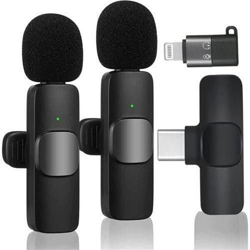 K9 wireless lavalier microphones, two clip-on mics with USB-C and Lightning receivers — Electromart Uganda