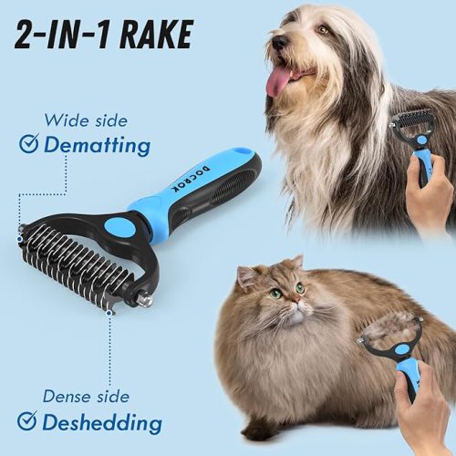 Pet Grooming Deshedding Brush — 2-in-1 Rake Blue 2-in-1 pet deshedding and dematting grooming rake, shown with a dog and cat — Electromart Uganda