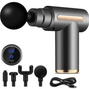 Grey handheld deep-tissue massage gun with display and interchangeable heads — Electromart Uganda