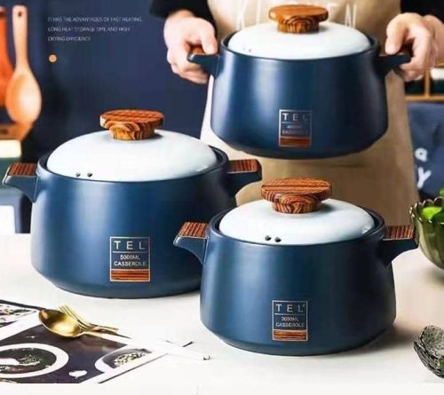 Three blue ceramic casserole cooking pots with wooden-knob lids — Electromart Uganda
