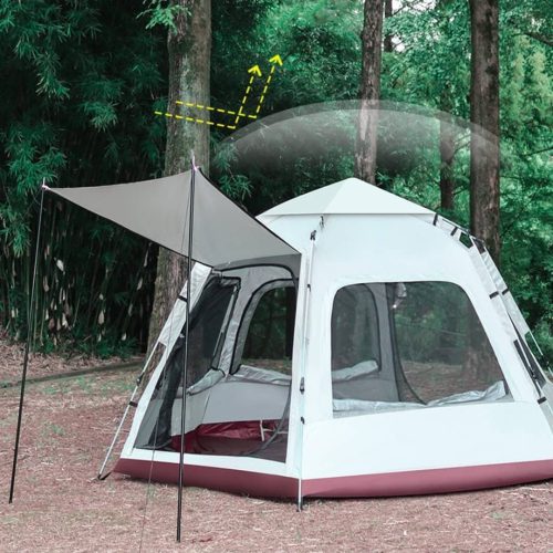 Automatic Camping Tent — 6 People Capacity White and maroon automatic camping tent with awning in a forest clearing — Electromart Uganda