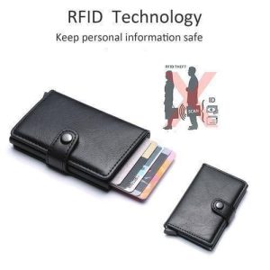 Black RFID-blocking leather card holder with pop-up card slots and snap — Electromart Uganda