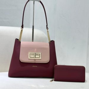Maroon ChrisRosy shoulder handbag with a pink flap and gold twist lock, with a matching wallet — Electromart Uganda