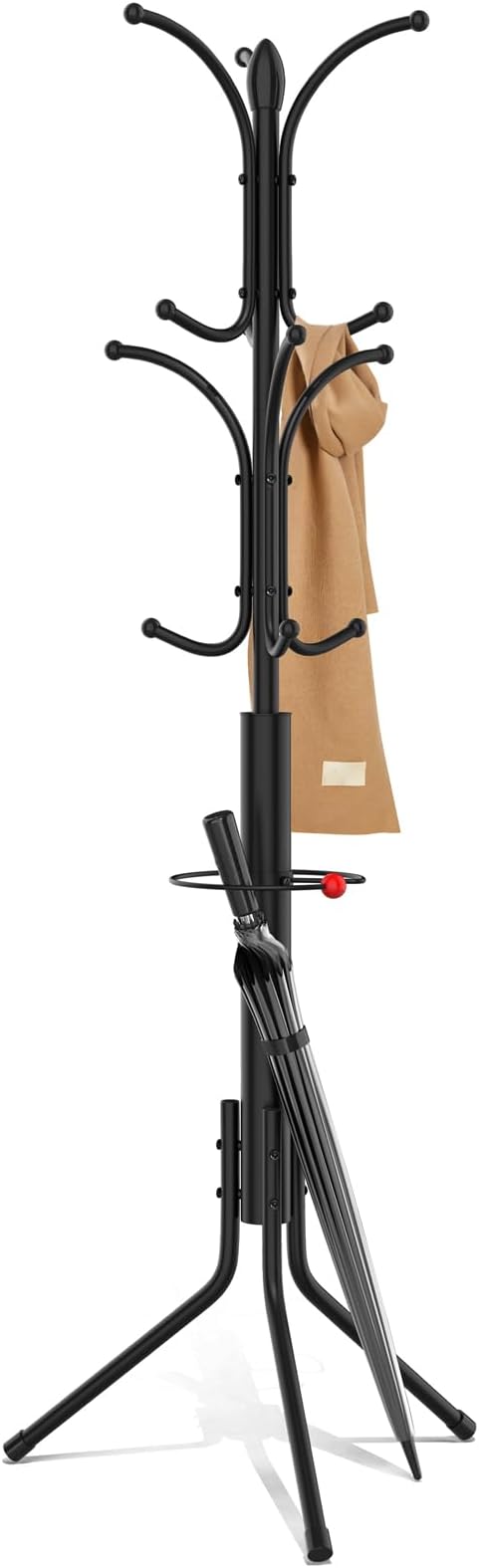 Black metal coat rack stand with hooks and umbrella holder, holding a coat — Electromart Uganda