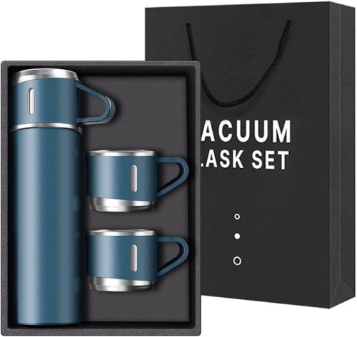 Blue vacuum-insulated flask with two matching cups in a gift box — Electromart Uganda