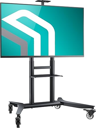 Conference Mobile TV Stand — On Wheels, Black Black mobile TV floor stand on wheels holding a large flat-screen TV — Electromart Uganda