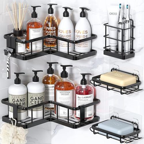 Black adhesive corner shower caddy set holding bottles, toothbrushes and soap — Electromart Uganda