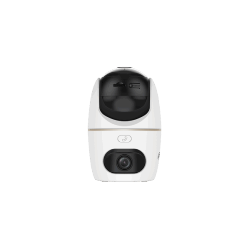 White dual-lens wireless pan-tilt security camera, front view — Electromart Uganda