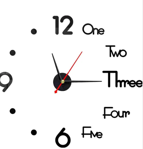 DIY 3D wall clock with stick-on numbers and word markers, black and red hands — Electromart Uganda