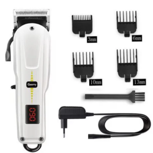 Geemy rechargeable hair clipper in white with guide combs, brush and charger — Electromart Uganda