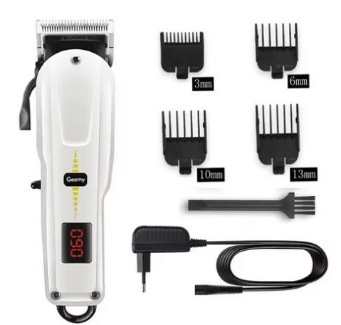 Geemy rechargeable hair clipper in white with guide combs, brush and charger — Electromart Uganda