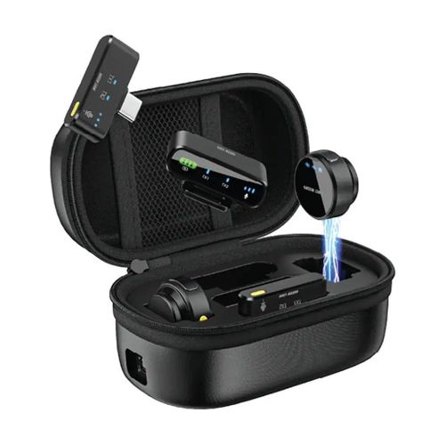 Green Lion GM-85X wireless microphone set in a black charging case with receiver — Electromart Uganda