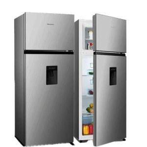 Hisense 270L double-door refrigerator in silver with a water dispenser, doors open and closed — Electromart Uganda