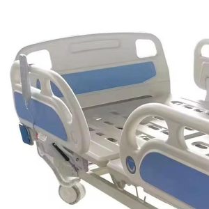 Multi-functional electric hospital admission bed with blue and white ABS side rails, close-up — Electromart Uganda