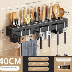 Black 40cm wall-mounted kitchen rack holding knives, utensils and a towel bar — Electromart Uganda