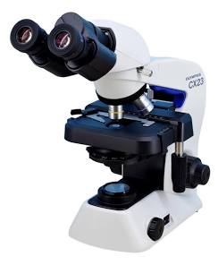 Olympus CX23 binocular biological microscope in white and blue, angled view — Electromart Uganda