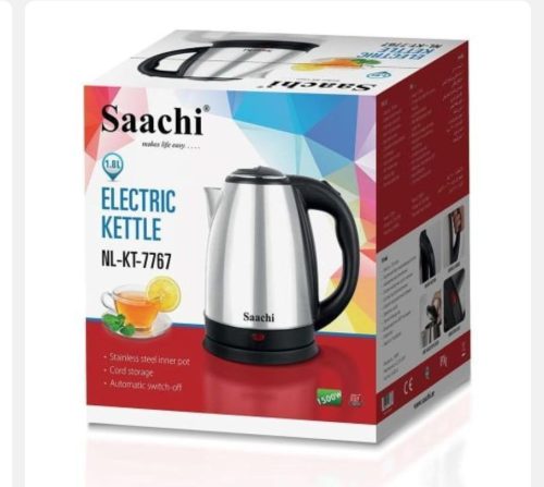 Saachi 1.8L stainless steel electric kettle shown on its box — Electromart Uganda