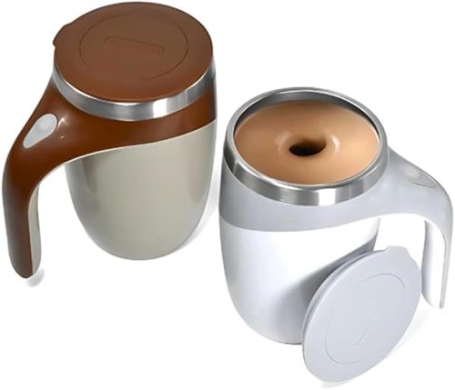Self-Stirring Coffee Mug 14oz — Automatic Two self-stirring coffee mugs in brown and white with lids — Electromart Uganda