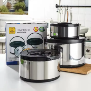 Three stainless steel insulated lunch boxes with black lids and their box — Electromart Uganda