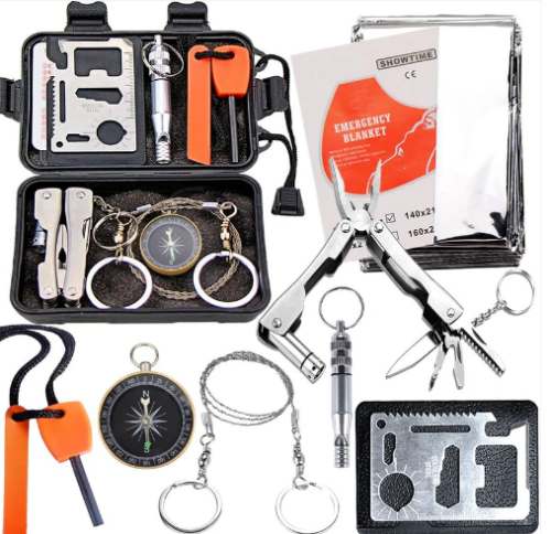Outdoor survival kit with a multitool, compass, wire saw, fire starter and emergency blanket — Electromart Uganda