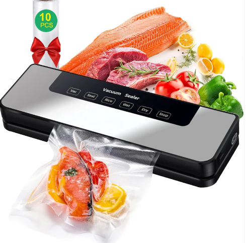 Black food vacuum sealer machine sealing bags of salmon, with a bag roll — Electromart Uganda