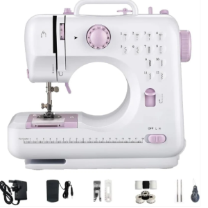 White and purple compact electric sewing machine with a foot pedal and accessories — Electromart Uganda