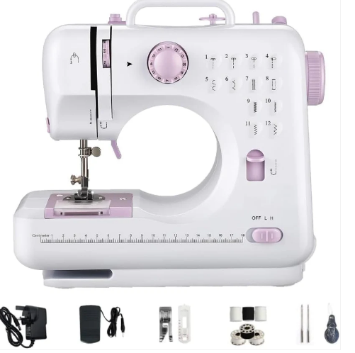 White and purple compact electric sewing machine with a foot pedal and accessories — Electromart Uganda