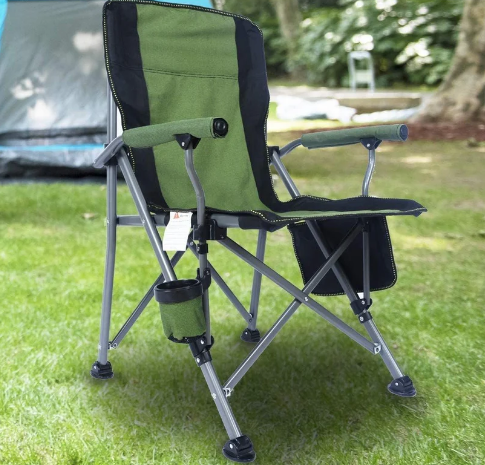 Foldable Camping & Travel Chair — Lightweight Green and black foldable camping chair with armrests and a cup holder on grass — Electromart Uganda