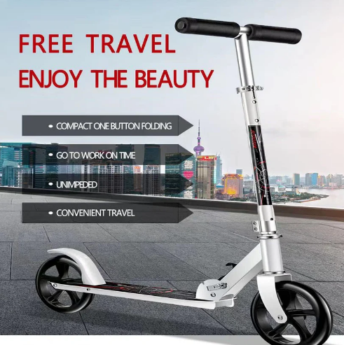 Foldable two-wheel kick scooter in silver with an adjustable handlebar — Electromart Uganda