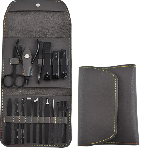 16-piece stainless steel manicure and pedicure kit in a grey folding leather case — Electromart Uganda