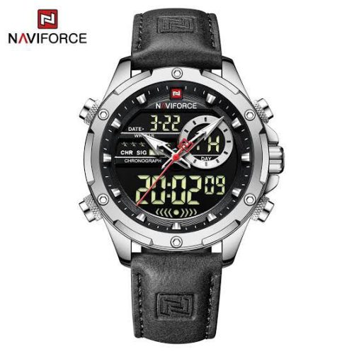 Naviforce men's analogue-digital watch with a black dial and black leather strap — Electromart Uganda