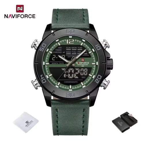 Naviforce men's analogue-digital watch with a green dial and green leather strap — Electromart Uganda
