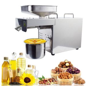 Stainless steel automatic oil press machine extracting oil into a cup, with nuts and seeds — Electromart Uganda