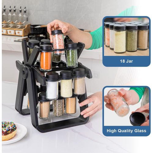 Black two-tier revolving spice rack carousel with 18 glass spice jars — Electromart Uganda