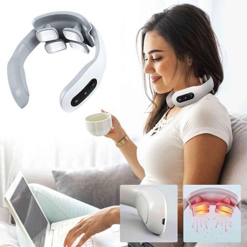 White cordless smart neck massager with heat worn around a woman's neck — Electromart Uganda
