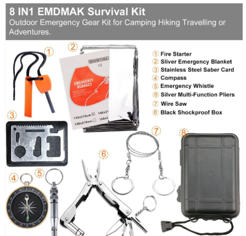 8-in-1 outdoor survival kit with a fire starter, compass, saw, pliers and case — Electromart Uganda