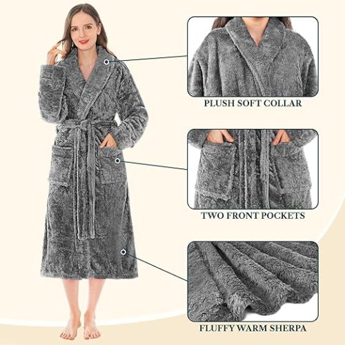 Soft grey plush bathrobe with a shawl collar and front pockets, worn — Electromart Uganda
