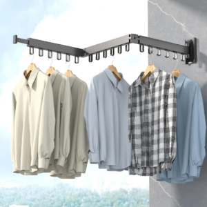 Grey retractable wall-mounted folding clothes drying rack holding shirts — Electromart Uganda