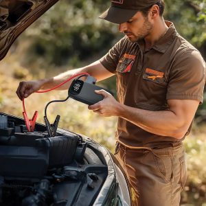 A man outdoors using the Green Lion Flex 3-in-1 power jumper and power bank to start a car — Electromart Uganda